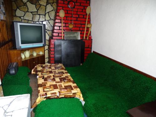 a room with a couch and a tv and green grass at Къща за гости - Софи, гр. Девин in Devin