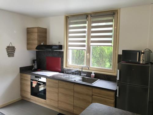 a kitchen with a sink and a black refrigerator at La crémaillère in Murol