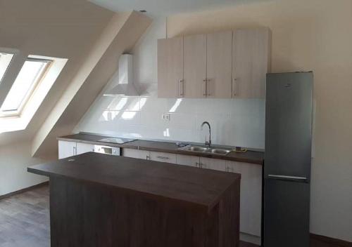 a kitchen with a black refrigerator and a sink at Vándor Vendégház in Baja