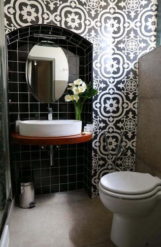 a bathroom with a sink and a toilet and a mirror at La Casetta di Renato in Mormanno