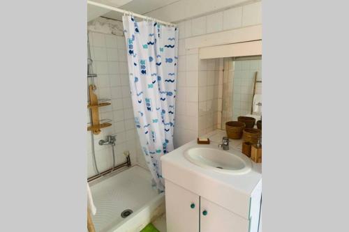 une salle de bain avec un lavabo et un rideau de douche dans l'établissement le hameau de Sylvanes, à Sylvanès