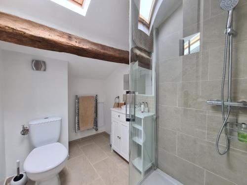 Saint-Privat-des-Prés的住宿－Le Shedeaux，一间带卫生间和玻璃淋浴间的浴室