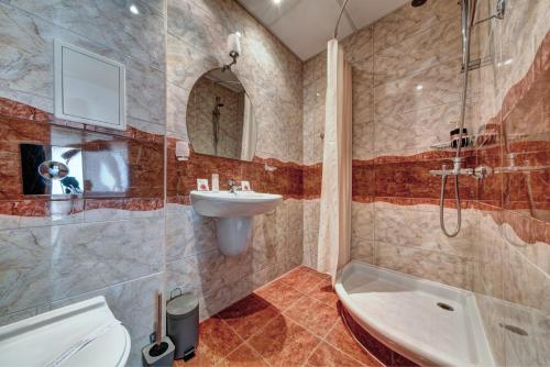 La salle de bains est pourvue d'un lavabo, d'une douche et de toilettes. dans l'établissement Petrov Family Hotel, à Nessebar