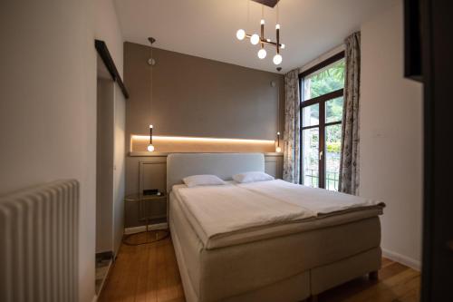 a bedroom with a large bed and a window at Arbostora Charme Hotel in Morcote