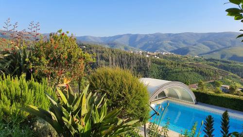 a swimming pool in a garden with mountains in the background at Coja Mountain Perch in Vinho