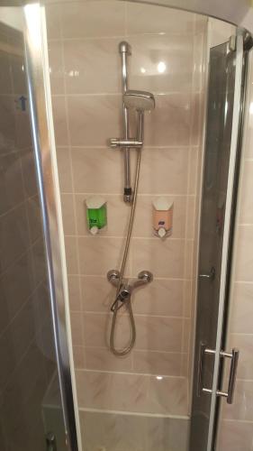a shower with a hose in a bathroom at Apartament Słoneczny in Zakopane
