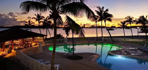 einen Pool mit Palmen und dem Meer bei Sonnenuntergang in der Unterkunft flamboyant in Marigot