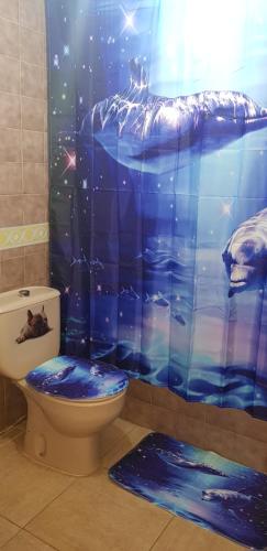 uma casa de banho com um WC e uma cortina de chuveiro azul em laurainu em Puerto del Rosario