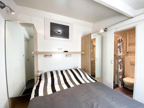 1 dormitorio con 1 cama grande y espejo en Knusse vakantiewoning Domburg DO04, en Domburg