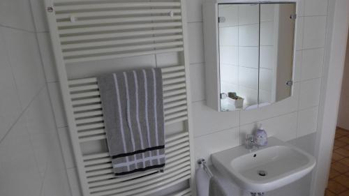 Baño blanco con lavabo y espejo en Alte Tischlerei, en Essel