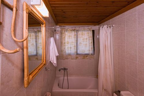 a bathroom with a tub and a shower with a mirror at Palm Beach House in Sfinárion