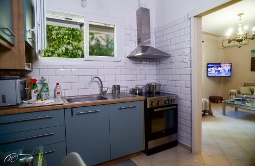 una cucina con lavello e fornello di Mary's Dreamy Maisonette a Volos