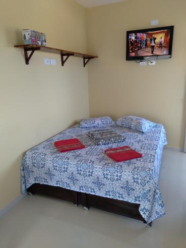 1 dormitorio con 1 cama con almohadas rojas y TV en Kitnet 1,Vista fantastica, en Cabo de Santo Agostinho