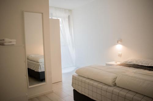 a bedroom with a large bed and a mirror at Cà Rita Apartments in Malcesine