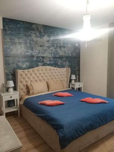 a bedroom with a bed with red pillows on it at Sandanski Apartments Top Center in Sandanski