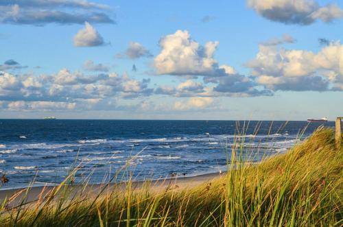 a beach with a view of the ocean on a cloudy day at WG Bernstein - Reetdachhaus - Ruhe und Seeblick in Ostseebad Sellin
