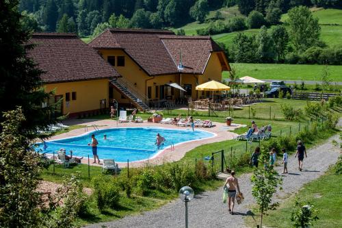 un groupe de personnes jouant dans une piscine dans l'établissement Happy Camp Mobile Homes in Camping Bella Austria, à Sankt Peter am Kammersberg