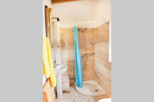 a bathroom with a shower and a toilet at Tranquila Tierra - Eco Retreat Finca Artis Tirma in Tarajalejo