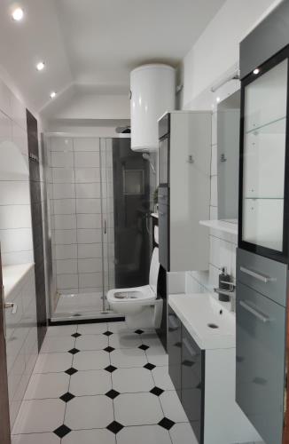 a white bathroom with a toilet and a sink at Apartments Mladenka in Brist