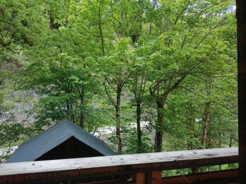 une pyramide dans les bois avec une clôture en bois dans l'établissement Chalet Au Pont de Flon, à Le Cornix