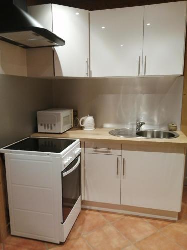 une petite cuisine avec des armoires blanches et un évier dans l'établissement Chalet Au Pont de Flon, à Le Cornix
