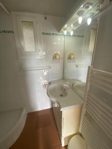 a white bathroom with a sink and a mirror at Mas des Petits Loups in Cabrières