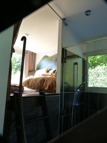 a bedroom with a bed and a mirror at Aux 500 Diables Eco Lodge - Hotel in Chambon-sur-Lac