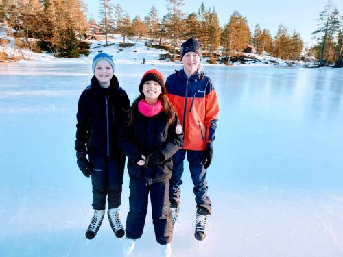 a group of three children standing in the snow at Solhytta Fantastisk beliggenhet! Hytte til leie på Skrim! in Kongsberg