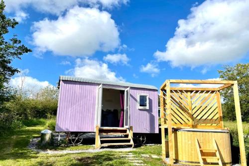 a purple shed with a wooden door in a field at Lilac Tree Hut in Tenby
