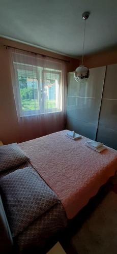 una camera da letto con un letto grande con una finestra di Apartman Lav a Trebinje