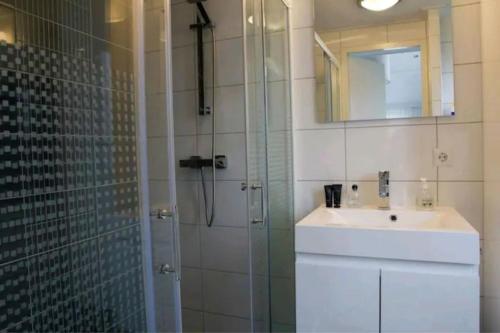 een badkamer met een douche, een wastafel en een spiegel bij Diek42 in Kattendijke