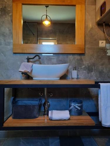 a bathroom with a sink and a mirror at Francesca Apartment in Bibinje