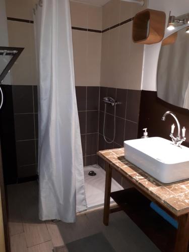 une salle de bain avec un lavabo blanc et une douche dans l'établissement La Sigeannaise maison climatisée Wi-Fi, à Sigean