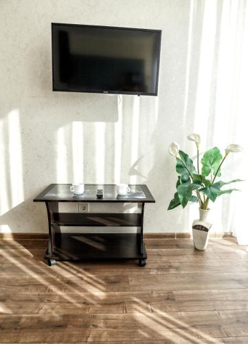a black table with a tv on a wall with a plant at Апартаменты в Одессе in Odesa