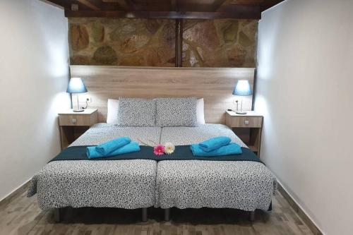 ein Schlafzimmer mit einem großen Bett mit blauen Kissen in der Unterkunft Apartamento Eucalipto in Mozaga