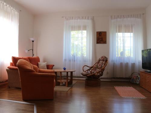 a living room with a couch and a tv at Olsinky in Ústí nad Labem