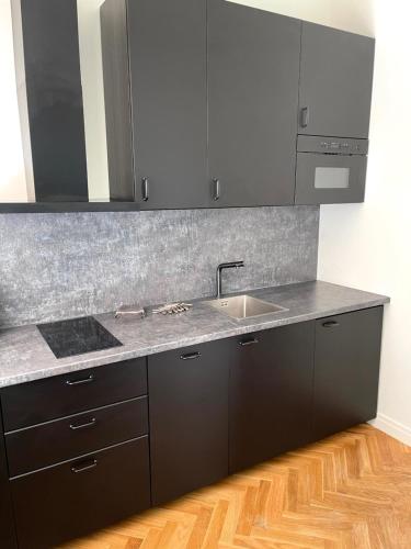 a kitchen with black cabinets and a sink at Liepaja Center Theater Apartments in Liepāja
