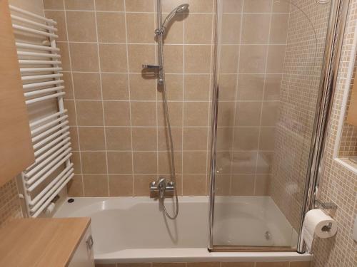 eine Dusche mit Glastür im Bad in der Unterkunft Apartma Klara in Izola