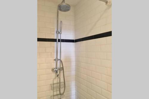 une douche avec pommeau de douche dans une salle de bain dans l'établissement En plein cœur de Bruxelles. Superbe duplex.A voir!, à Bruxelles