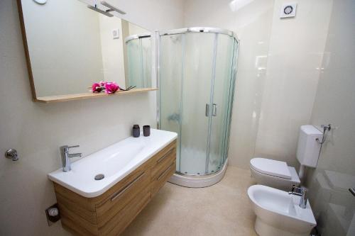 a bathroom with a shower and a sink and a toilet at Penthouse with Old bridge view and jacuzzi in Mostar