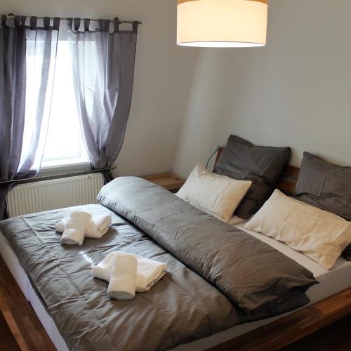 - un lit avec 2 oreillers et une fenêtre dans l'établissement Villa Schlossblick, à Wernigerode