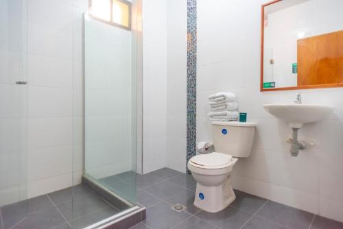 a bathroom with a toilet and a shower and a sink at Ayenda 1309 Villa Dilia in Barranquilla