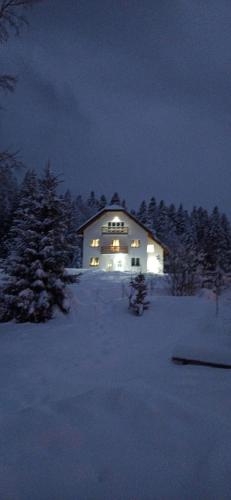 a house lit up at night in the snow at Nikolića kuća in Mitrovac