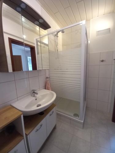 a white bathroom with a sink and a shower at Haus am Kroatenbach in Lautenthal