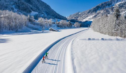 two people skiing down a snow covered road at BOUTIQUEHOTEL das edelweiss in Schoppernau