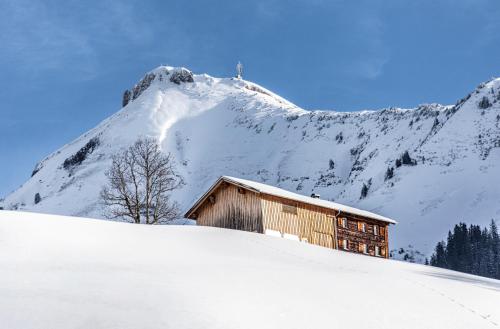 a snow covered mountain with a barn in the foreground at BOUTIQUEHOTEL das edelweiss in Schoppernau