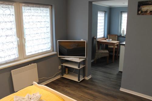 a living room with a television on a stand with windows at Ferienwohnung in Bodden & Ostsee nähe in Sagard