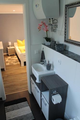 a bathroom with a sink and a living room at Ferienwohnung in Bodden & Ostsee nähe in Sagard