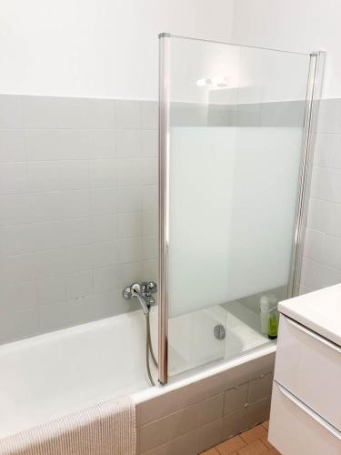 La salle de bains est pourvue d'une douche et d'une baignoire blanche. dans l'établissement Résidence Le Castille, à Nice