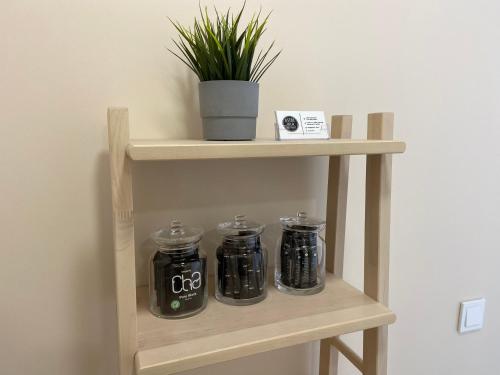 a shelf with four jars and a plant on it at Astos Vila in Palanga